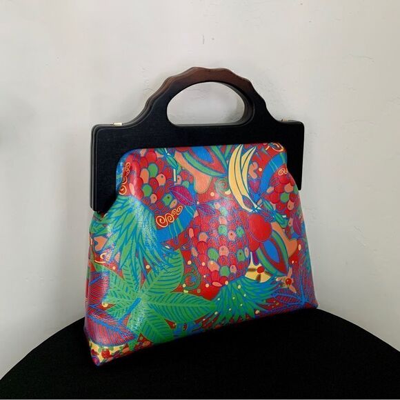 Genuine Leather Fruit Printed Gradient Color Wood Handle bag & 2 Chain Styles - Picture 3 of 16